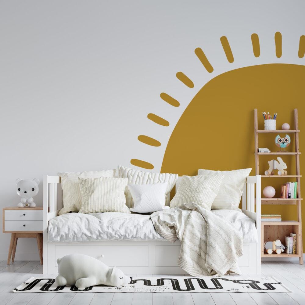 Soft Tone Sun Kids Wallpaper, Illustration Wallpaper Nursery, Art Child Wallpaper, Colorful Peel and Stick Baby Wallpaper, Yellow Wallpaper