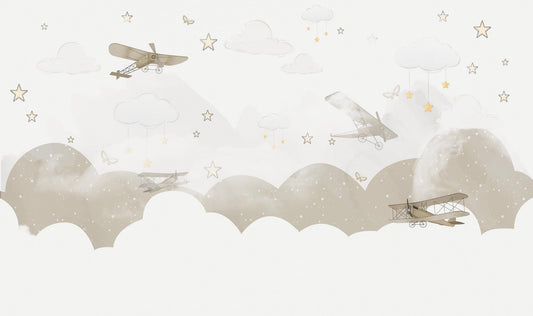 Soft Colored Airplanes and Clouds Kids Wallpaper, Illustration Wallpaper Nursery, Stars and Clouds Kids Wallpaper, Beige Baby Wallpaper