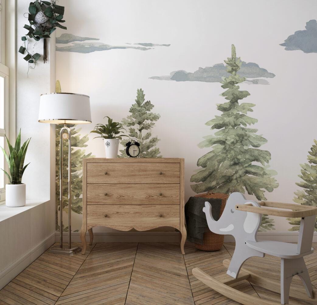 Soft Colored Tree Kids Wallpaper, Pine Trees Wallpaper Nursery , Nature Kids Wall Mural, Forest Childroom Wallpaper, Kindergarten Wallpaper