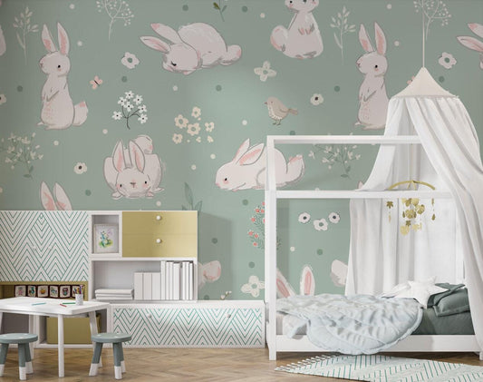 Cute Rabbits and Birds Kids Wallpaper, Cute Animals Wallpaper Nursery, Easter Child Wallpaper, Spring Kids Wallpaper, Baby Girl Wallpaper
