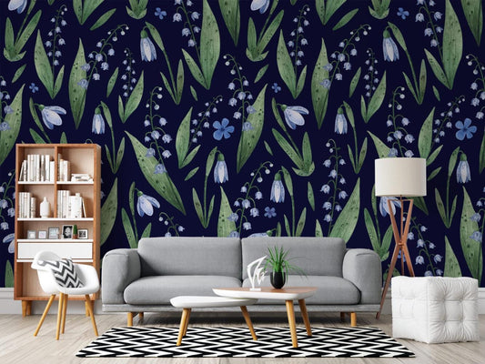 Snowdrop Flowers Minimalist Wallpaper, Navy Blue Illustration Wallpaper, Stylish Room Design, Modern Abstract Pattern Wallpaper