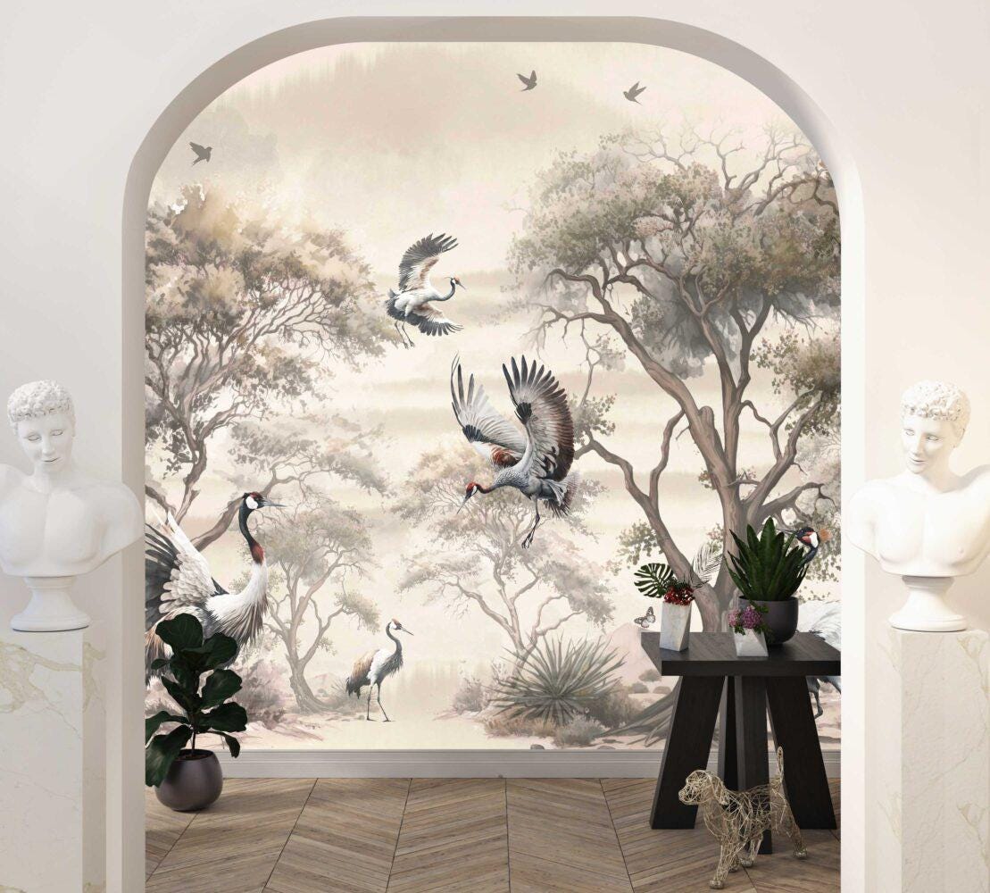 Cranes and Forest Trees Wallpaper, Mystic Artistic Wallpaper, Romantic Drawing Wallpaper, Bohemian Wallpaper, Vintage Nature Wallpaper