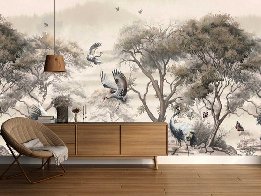 Cranes and Forest Trees Wallpaper, Mystic Artistic Wallpaper, Romantic Drawing Wallpaper, Bohemian Wallpaper, Vintage Nature Wallpaper