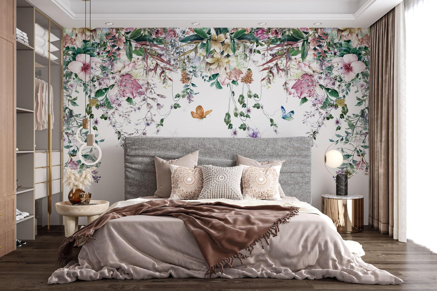 Tropical Leaves and Flowers Hanging from Above Wallpaper, Floral Wallpaper, Colourful Romantic Wallpaper, Spring Themed Drawing Wallpaper