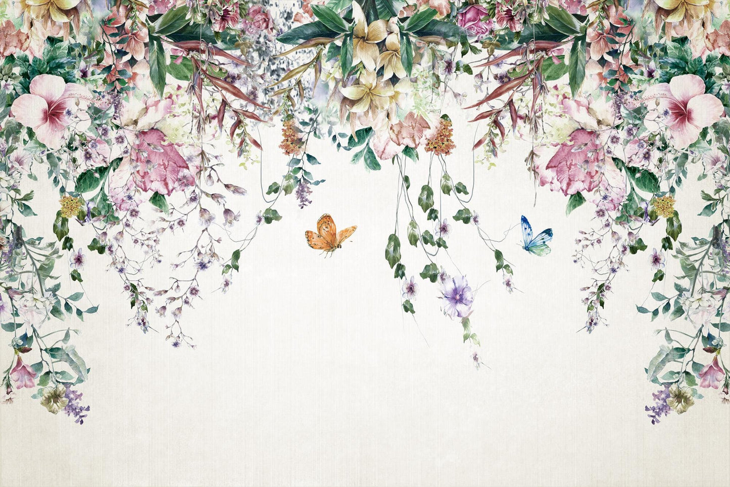 Tropical Leaves and Flowers Hanging from Above Wallpaper, Floral Wallpaper, Colourful Romantic Wallpaper, Spring Themed Drawing Wallpaper