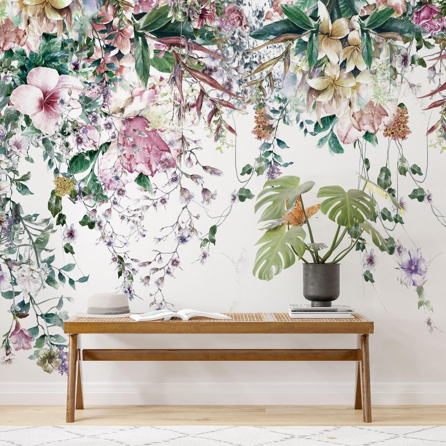 Tropical Leaves and Flowers Hanging from Above Wallpaper, Floral Wallpaper, Colourful Romantic Wallpaper, Spring Themed Drawing Wallpaper