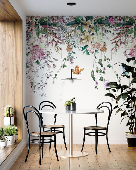 Tropical Leaves and Flowers Hanging from Above Wallpaper, Floral Wallpaper, Colourful Romantic Wallpaper, Spring Themed Drawing Wallpaper