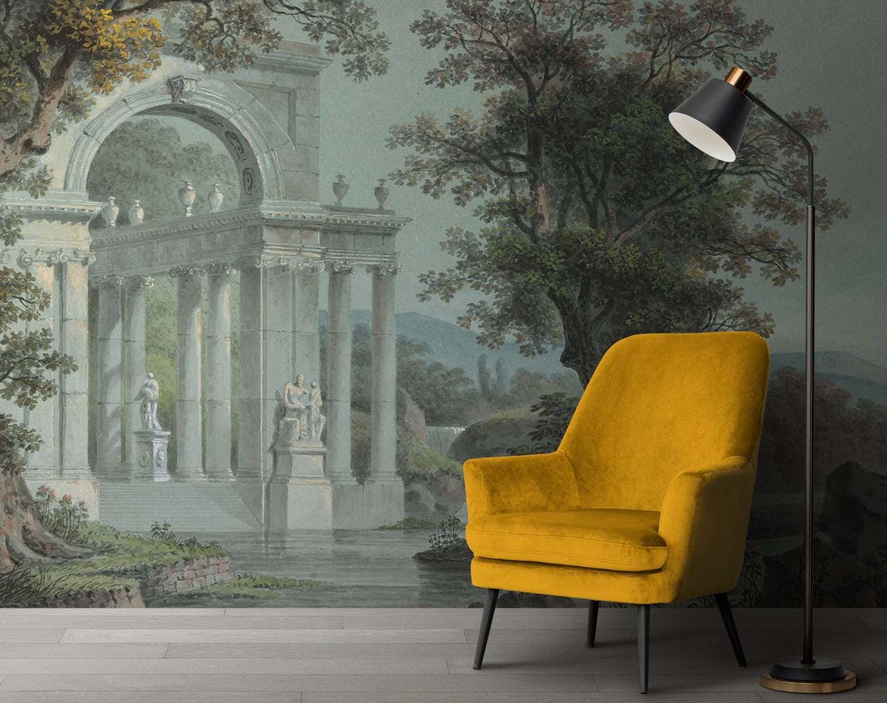 Arched Marble Columns by the River Wallpaper, Bohemian Peel and Stick Wallpaper, Antique Wallpaper, Nostalgic Wallpaper, Drawwing Wallpaper