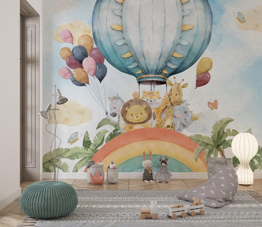 Cute Animals in Rainbow and Balloon Wallpaper, Watercolor Wallpaper Nursery , Childrens Wallpaper , Peel and Stick Wallpaper, Baby Wallpaper
