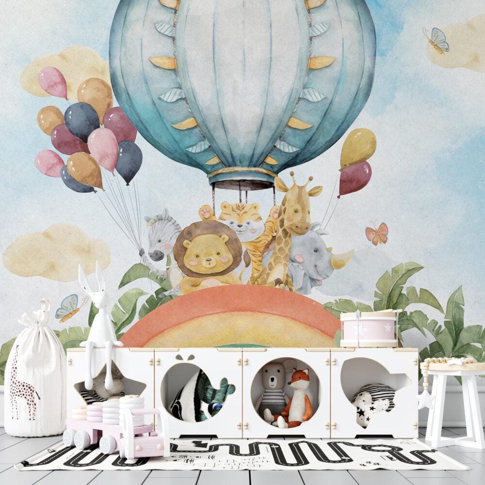 Cute Animals in Rainbow and Balloon Wallpaper, Watercolor Wallpaper Nursery , Childrens Wallpaper , Peel and Stick Wallpaper, Baby Wallpaper
