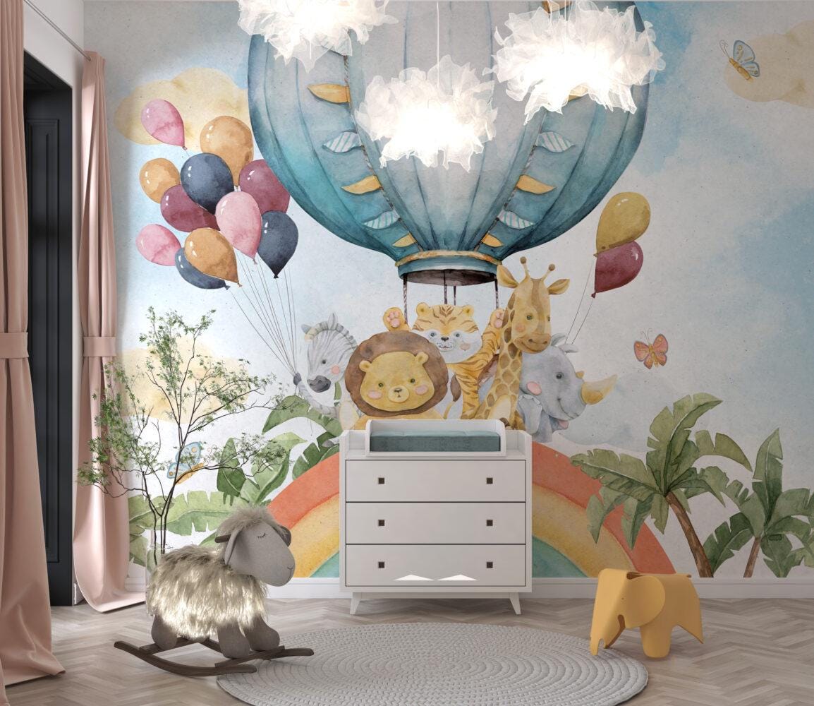 Cute Animals in Rainbow and Balloon Wallpaper, Watercolor Wallpaper Nursery , Childrens Wallpaper , Peel and Stick Wallpaper, Baby Wallpaper