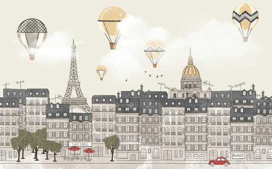 Paris City Wallpaper with Flying Balloons, Town Wallpaper For Kidsroom, Watercolor Wallpaper Nursery, Illustration Childrens Wallpaper