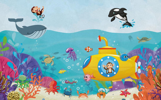 Diving Monkey And Sea Creatures Wallpaper, Whale Wallpaper for Kidsroom, Underwater Kid Wallpaper, Blue Sea Wallpaper Nursery, Child Mural