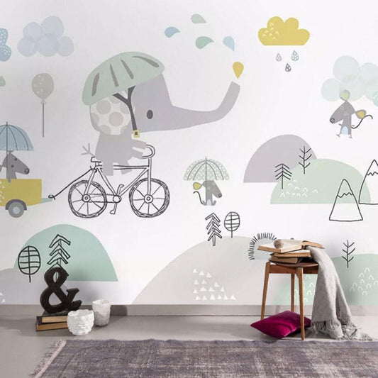 3D Wallpaper with Bicycle Elephant Pattern, Illustration Wallpaper Nursery, Art Child Wallpaper, Colorful Peel and Stick Baby Wallpaper