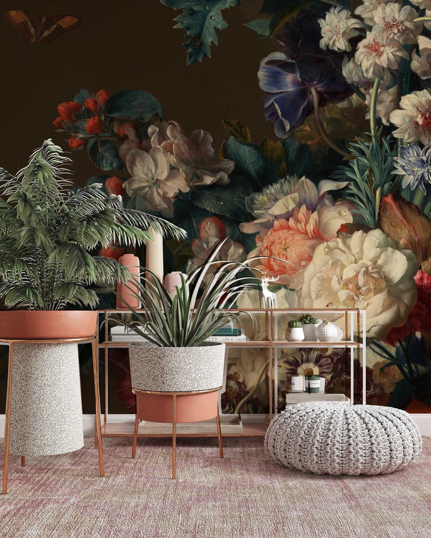Colorful Realistic Flowers Wallpaper, Elegant Garden Wallpaper, Darkness Floral Painting Wallpaper, Romantic Mural, Bloom Drawing Wallpaper