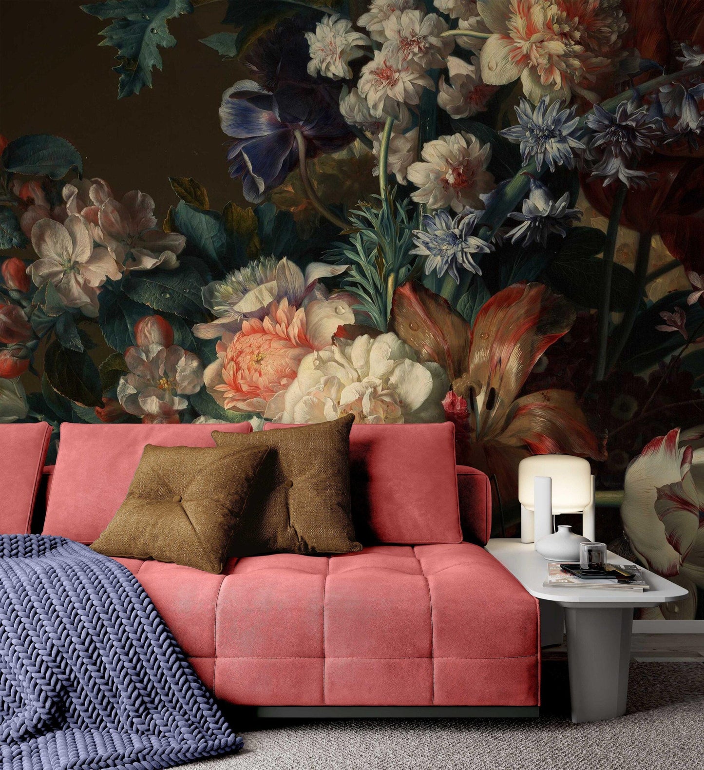 Colorful Realistic Flowers Wallpaper, Elegant Garden Wallpaper, Darkness Floral Painting Wallpaper, Romantic Mural, Bloom Drawing Wallpaper