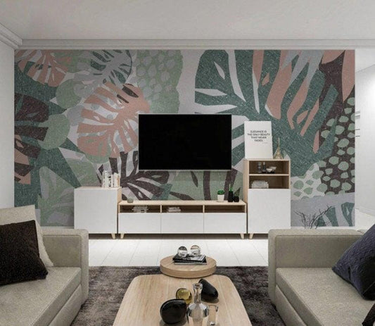 Green Big Leaves Wallpaper, Camelgrass Flower Illustration Wallpaper, Botanical Wallpaper, Modern Wall Mural, Abstract Pattern Wallpaper