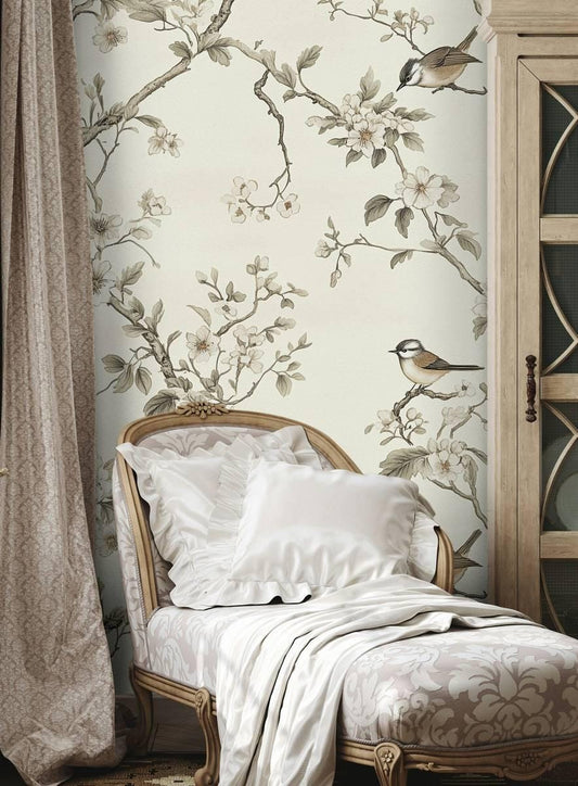 Elegant Bird and Flower Wallpaper, Spring Flowers Wallpaper, Vintage Floral Wallpaper, Romantic Mural, Bloom Wallpaper, Beige Wallpaper