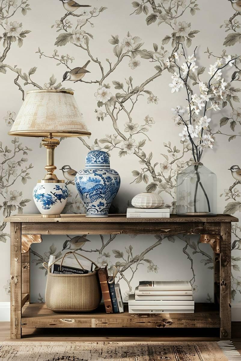 Elegant Bird and Flower Wallpaper, Spring Flowers Wallpaper, Vintage Floral Wallpaper, Romantic Mural, Bloom Wallpaper, Beige Wallpaper