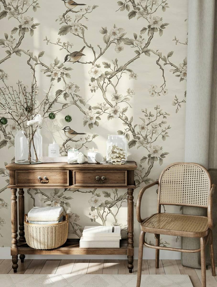 Elegant Bird and Flower Wallpaper, Spring Flowers Wallpaper, Vintage Floral Wallpaper, Romantic Mural, Bloom Wallpaper, Beige Wallpaper