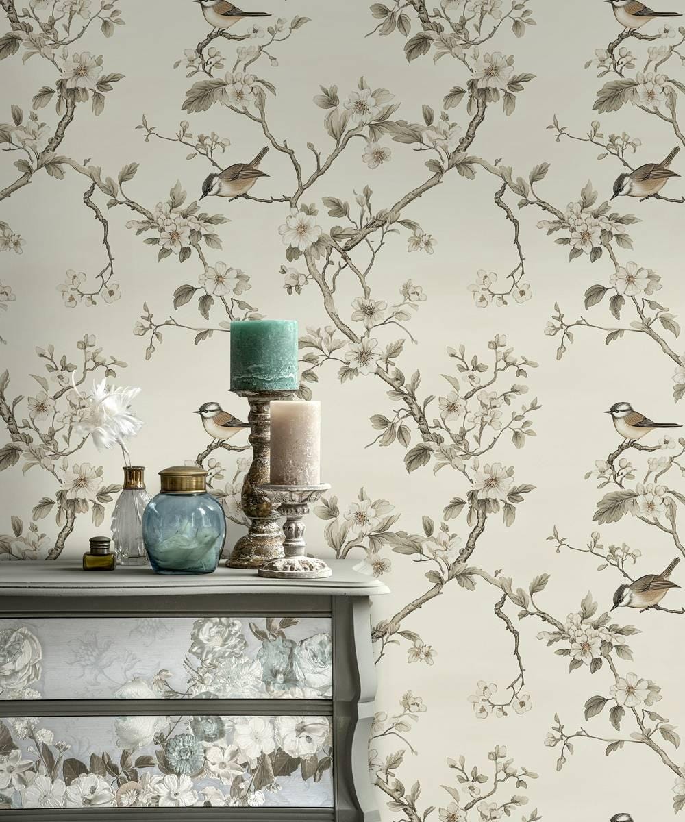 Elegant Bird and Flower Wallpaper, Spring Flowers Wallpaper, Vintage Floral Wallpaper, Romantic Mural, Bloom Wallpaper, Beige Wallpaper