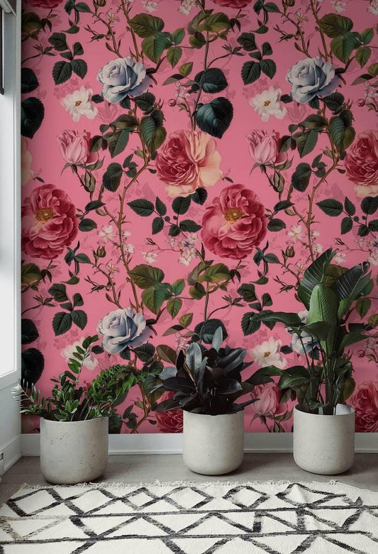 Pink Spring Flowers Wallpaper, Floral Wallpaper, Colourful Romantic Wall Mural, Peel and Stick Wallpaper, Pink Roses Wallpaper, Botany Mural