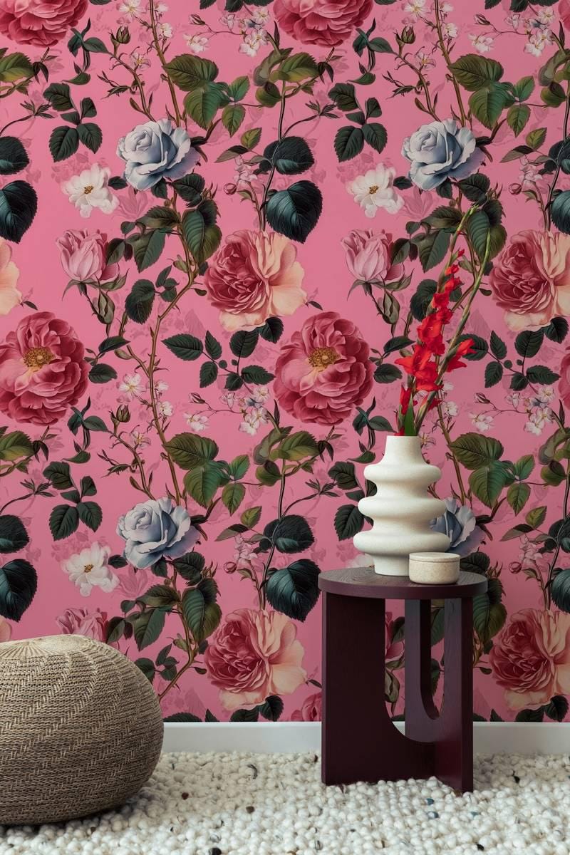Pink Spring Flowers Wallpaper, Floral Wallpaper, Colourful Romantic Wall Mural, Peel and Stick Wallpaper, Pink Roses Wallpaper, Botany Mural
