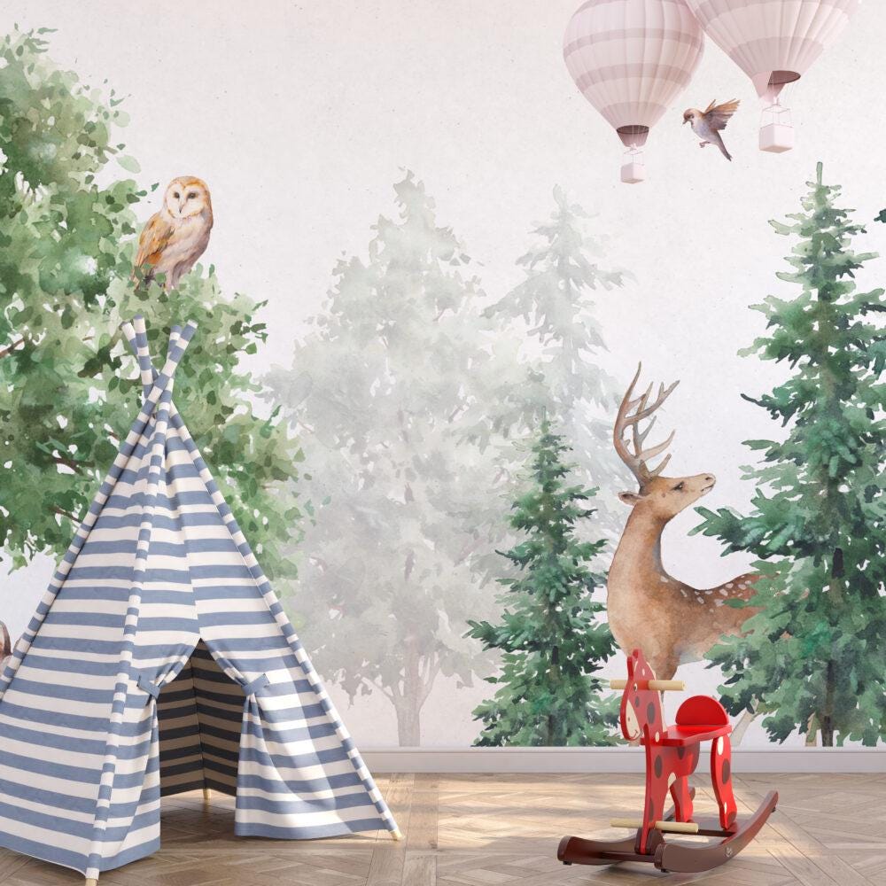 Animals in the Forest Wallpaper For Kidsroom, Childrens Wallpaper, Wall Mural Nursery, Deer Bird Owl Kids Wallpaper, Watercolor Wallpaper