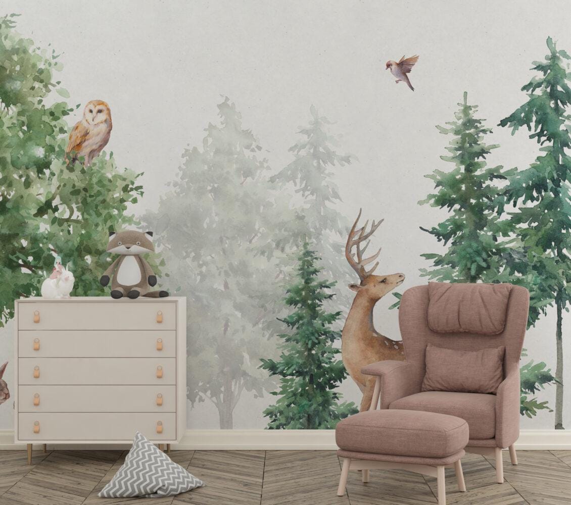 Animals in the Forest Wallpaper For Kidsroom, Childrens Wallpaper, Wall Mural Nursery, Deer Bird Owl Kids Wallpaper, Watercolor Wallpaper