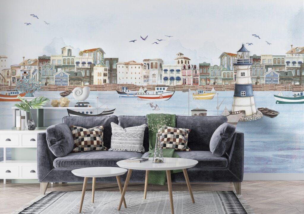 Buildings and Lighthouse Kids Wallpaper, Seaside Town Wallpaper For Kidsroom, Sea Wallpaper Nursery, Ships and Boats Childrens Wallpaper
