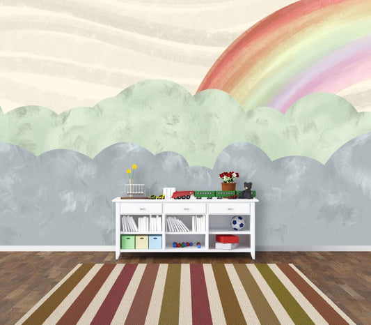 Rainbow and Cloud Pattern Wallpaper For Kidsroom, Watercolor Wallpaper Nursery, Childrens Wallpaper, Illustration Wallpaper, Baby Wallpaper