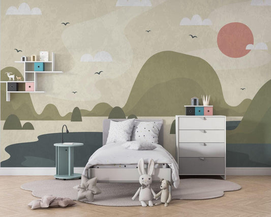 Illustration Lake and Mountain View Children's Wallpaper, 3D Children Wallpaper, Nature Themed Wallpaper Nursery, Watercolor Kid's Mural