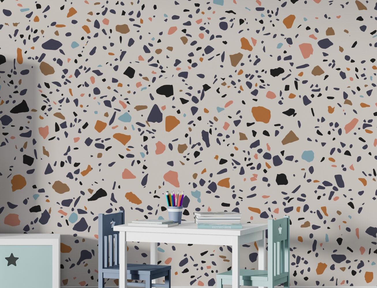 Small Colored Stone Patterns Kids Wallpaper on a White Background, Child Wallpaper, Bright Wallpaper Nursery, Colourful Baby Room Wallpaper