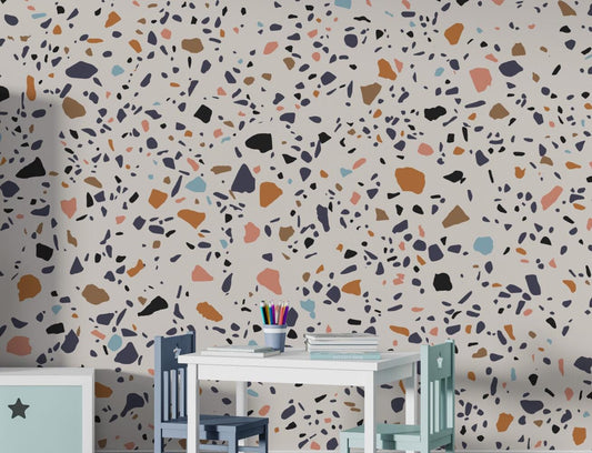 Small Colored Stone Patterns Kids Wallpaper on a White Background, Child Wallpaper, Bright Wallpaper Nursery, Colourful Baby Room Wallpaper