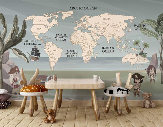 Pirate World Map Wallpaper For Kidsroom, 3D Kids Wallpaper , Children Wallpaper , Peel and Stick Wallpaper Nursery, Baby Wallpaper