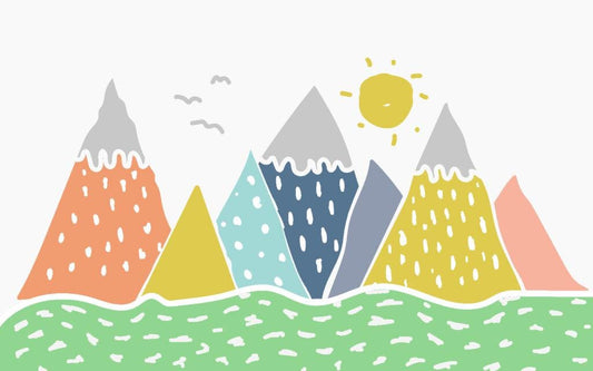 Mountain and Sun Themed 3D Kids Wallpaper, Illustration Lake and Mountain Fun Children's Wallpaper, Colourful Watercolor Wallpaper Nursery