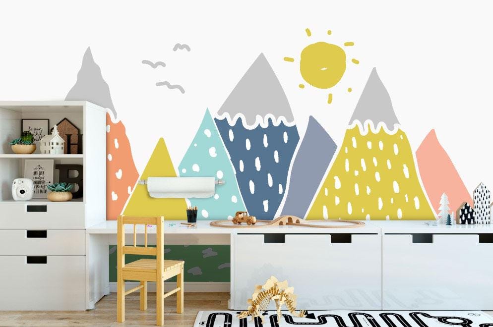 Mountain and Sun Themed 3D Kids Wallpaper, Illustration Lake and Mountain Fun Children's Wallpaper, Colourful Watercolor Wallpaper Nursery