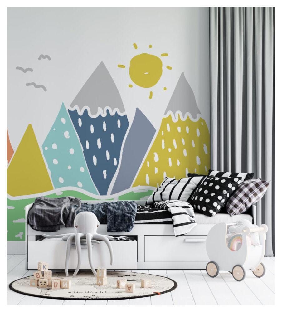 Mountain and Sun Themed 3D Kids Wallpaper, Illustration Lake and Mountain Fun Children's Wallpaper, Colourful Watercolor Wallpaper Nursery