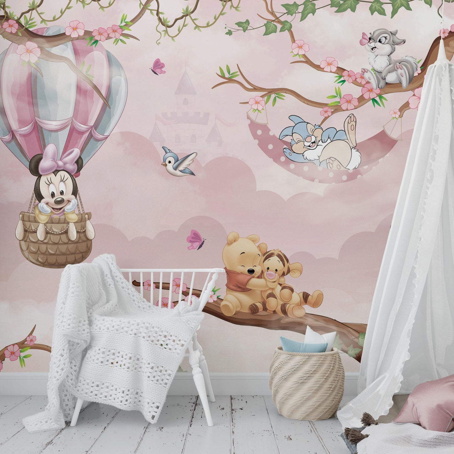 Minnie Mouse and Winnie The Pooh Wallpaper For Kidsroom, Cute Animals Wallpaper Nursery, Childrens Wallpaper, Pink Baby Girl Wallpaper