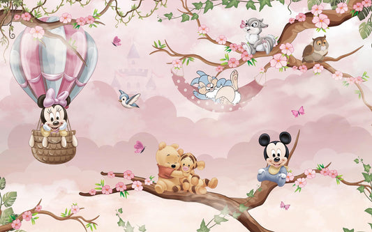 Minnie Mouse and Winnie The Pooh Wallpaper For Kidsroom, Cute Animals Wallpaper Nursery, Childrens Wallpaper, Pink Baby Girl Wallpaper