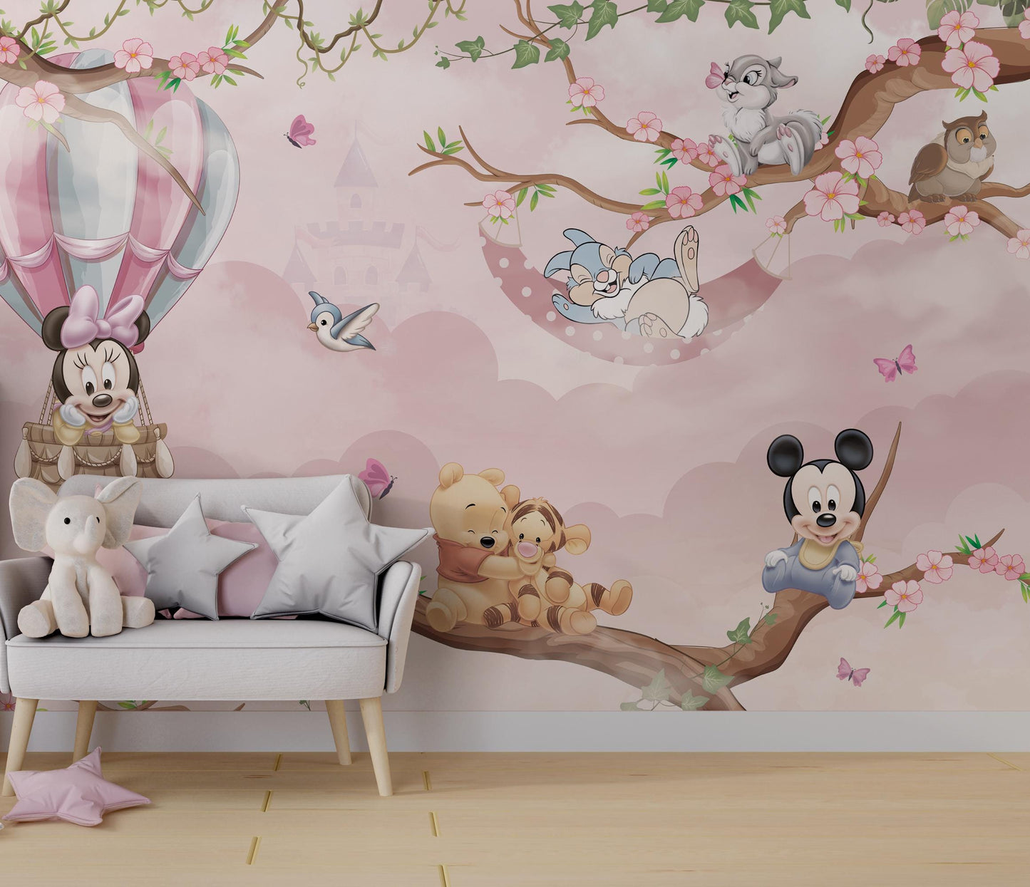 Minnie Mouse and Winnie The Pooh Wallpaper For Kidsroom, Cute Animals Wallpaper Nursery, Childrens Wallpaper, Pink Baby Girl Wallpaper
