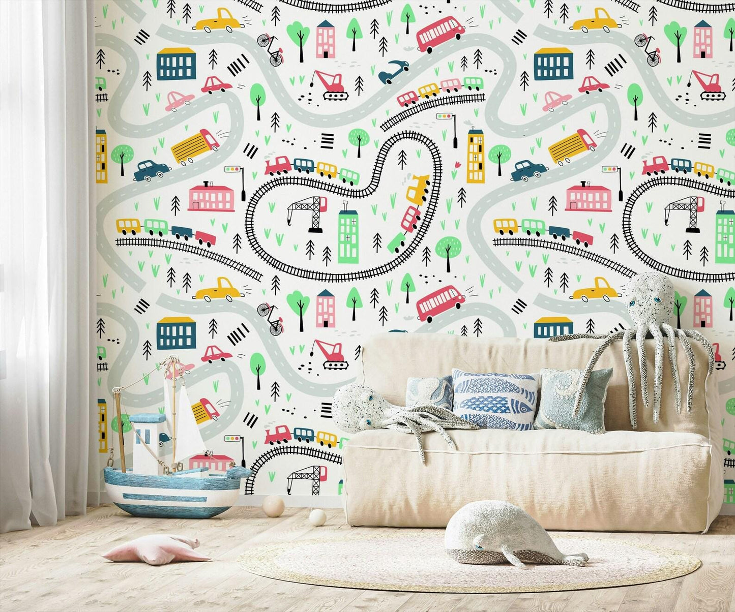 Colourful Vehicles Wallpaper, Funny Wallpaper Nursery, Baby Room Wallpaper, School Wallpaper, Cars and City Traffic Boys Wallpaper