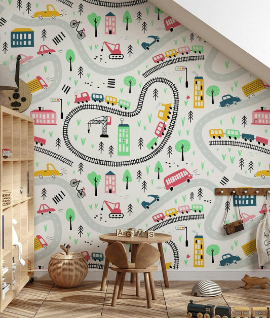 Colourful Vehicles Wallpaper, Funny Wallpaper Nursery, Baby Room Wallpaper, School Wallpaper, Cars and City Traffic Boys Wallpaper