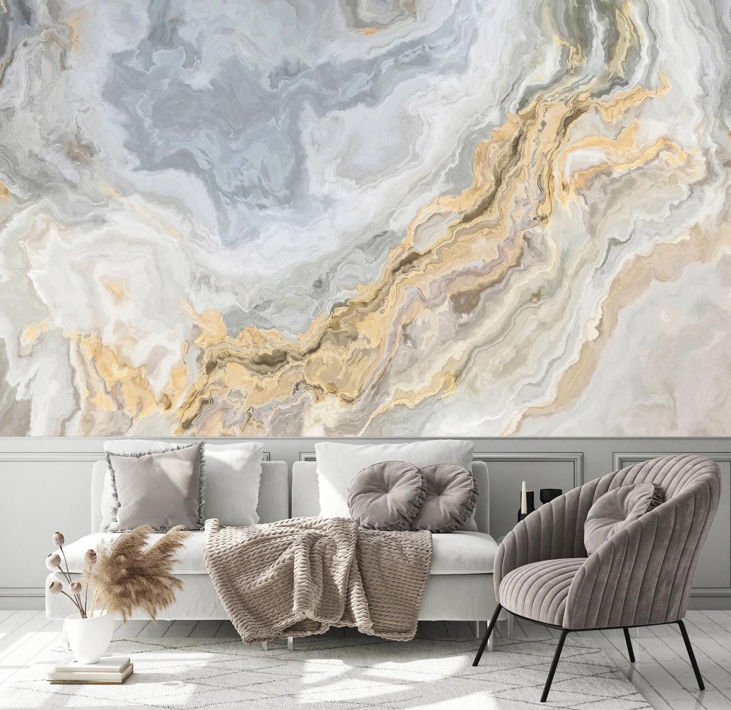 Blue Toned Wallpaper with Gold Marble Effect Wallpaper, Peel&Stick Wallpaper,Design Mural, Modern Wallpaper, Natural Look Marble Wall Poster