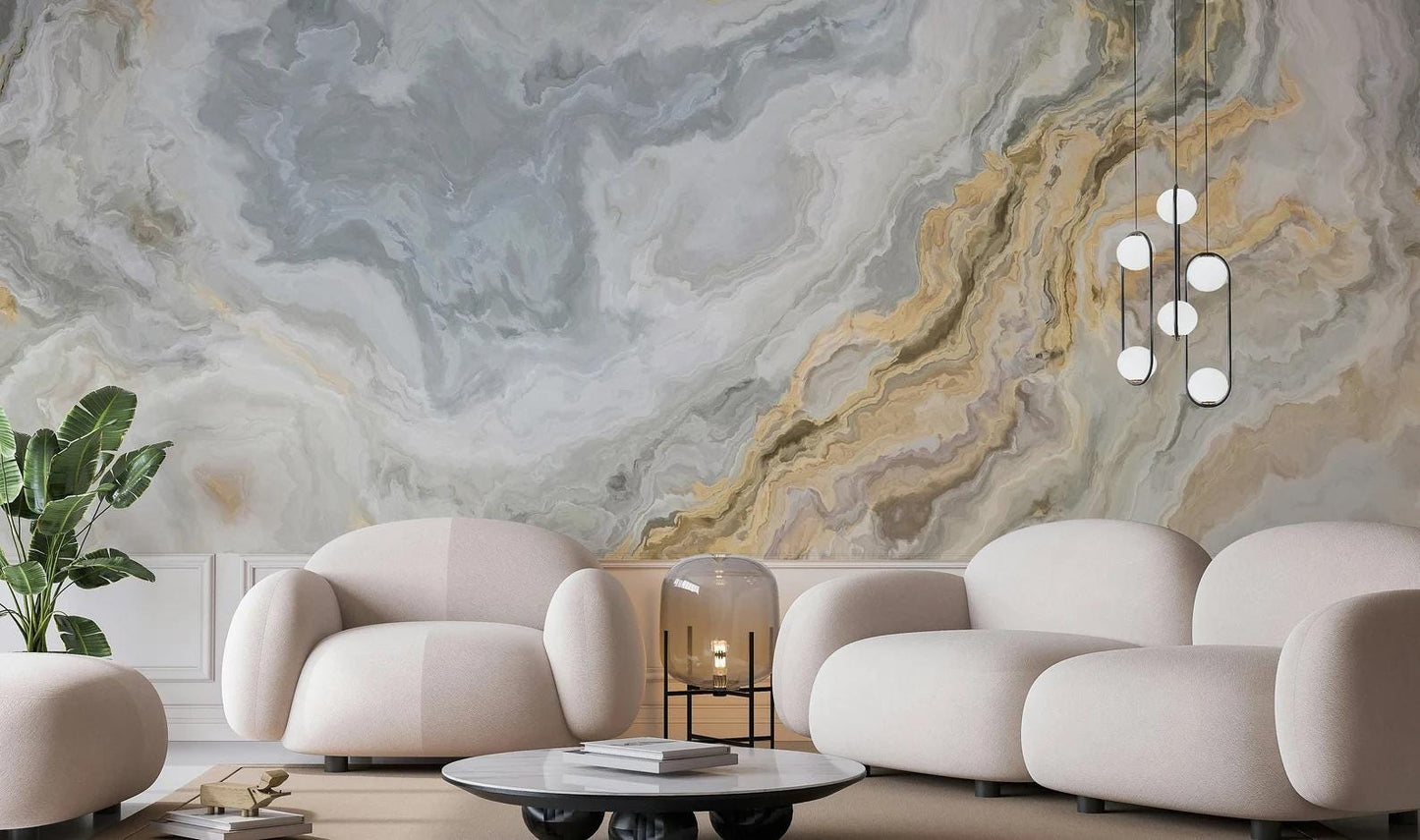 Blue Toned Wallpaper with Gold Marble Effect Wallpaper, Peel&Stick Wallpaper,Design Mural, Modern Wallpaper, Natural Look Marble Wall Poster