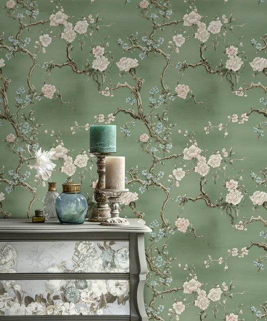 Chinoiserie Style Floral Wallpaper, Vintage Flower and Spring Branch Design Wall Poster on Green Background, Elegance Romantic Drawing Mural