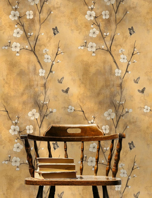 Yellow Color Chinoiserie Wallpaper, Vintage Floral Wallpaper, Romantic Wall Mural, Peel and Stick Wallpaper, Yellow Drawing Wallpaper