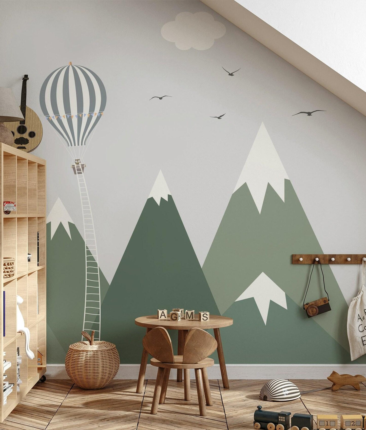 Illustration Green Mountain Kids Wallpaper, Green Wall Poster, Drawwing Child Wallpaper, Funny Baby Wallpaper, Colourful Watercolor Nursery