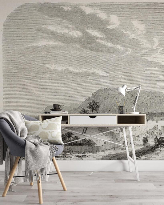 Castle Walls Landscape Wallpaper, Tual Wallpaper, Nature Mural, Drawwing Wallpaper, Peel and Stick Wallpaper, Sktech Wallpaper