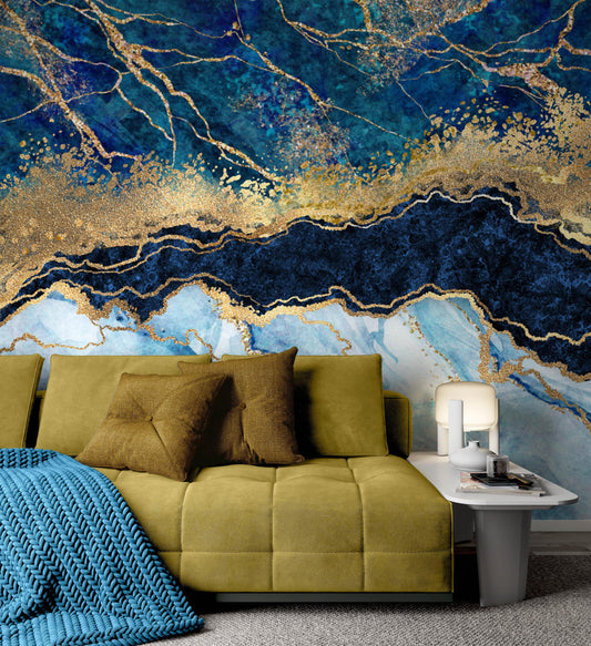 Navy Blue and Gold Marble Effect Wallpaper, Abstract Marble Texture Acrylic Paints Cool Mural, Stylish Wall Design, Modern Wallpaper